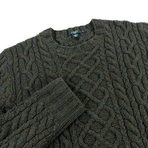 J Crew Handknit Fisherman Sweater Mens Size XL 100% Lambswool Heather Green